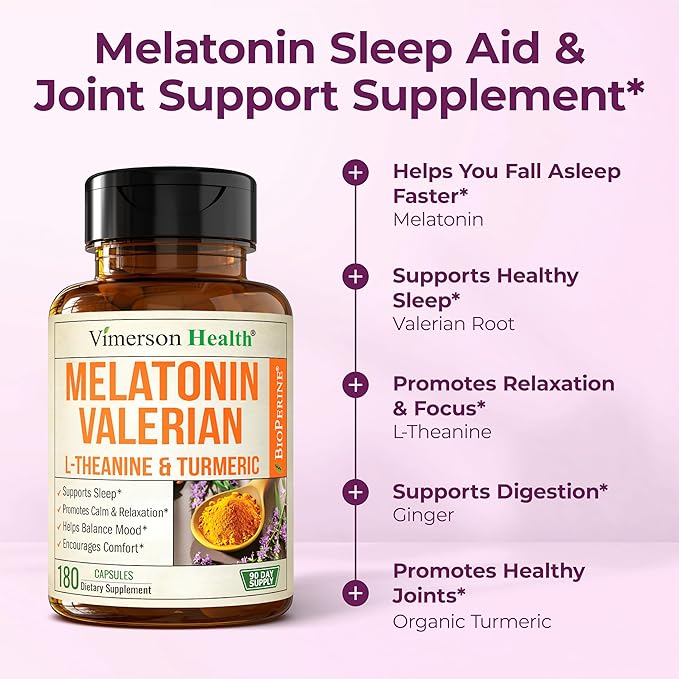 Melatonin 3mg Sleep Aid with L-Theanine &amp Valerian Root – Turmeric Curcumin Supplement with Ginger &amp Black Pepper – Organic Turmeric Supplement for Sleep Calm and Stress Relief Support – 180