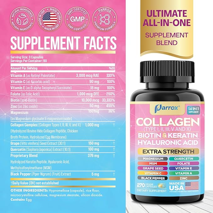 Collagen Peptides Types I II III V &amp X MCG Biotin Keratin Hyaluronic Acid MSM Zinc Grape Seed Extract Quercetin Vitamin A Vitamin C Vitamin E Magnesium Folic Acid (270 Capsules)