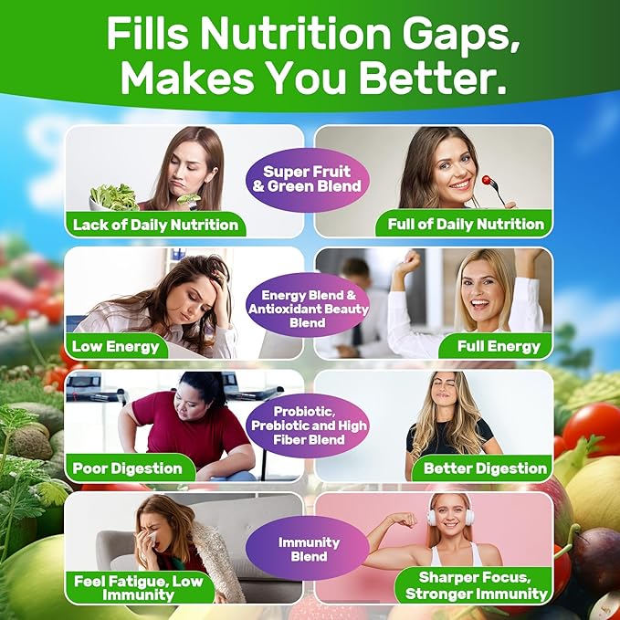 Super Greens Gummies Greens Superfood Powder Alternative w/Spirulina Chlorella Prebiotic Fiber Probiotic Fruit Veggie Daily Greens Vegetable for Digestive &amp Gut Health Immunity Focus 60 C