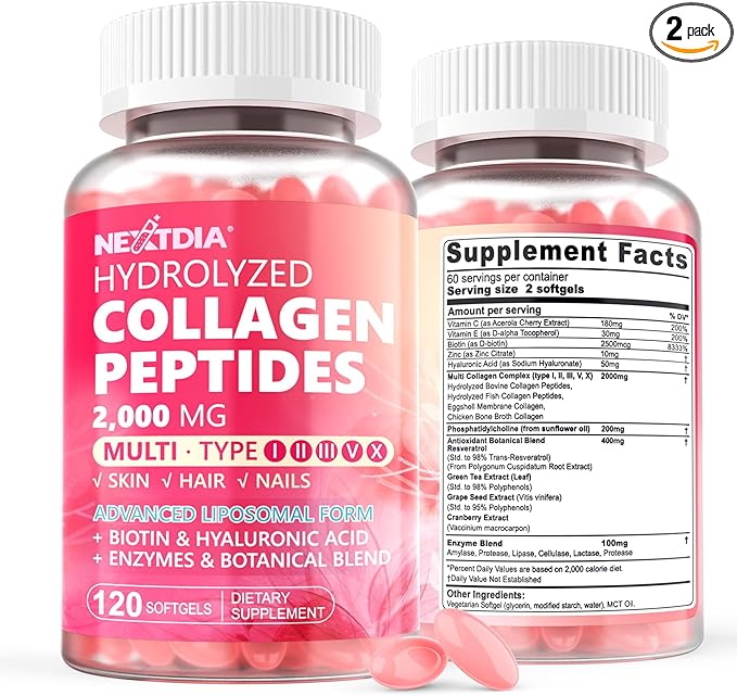 2 Pack Liposomal Collagen Peptides Pills for Women 2000mg Multi Hydrolyzed Collagen Type I II III V X with 2500mcg Biotin - Collagen Supplements Softgels with Hair Skin &amp Nails Vitamins 240