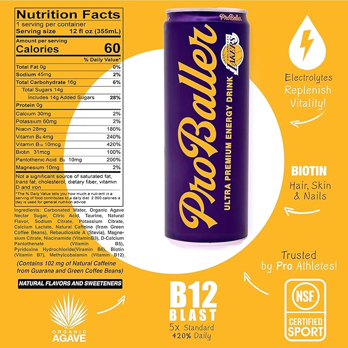 ProBaller Ultra Premium Energy Drink - Natural Clean NSF Certified Sport Drink - Gluten Free Amino Acids Taurine Organic Agave Vitamin B 12 Methylcobalamin Electrolytes - 15 Pack - Citrus - Laker