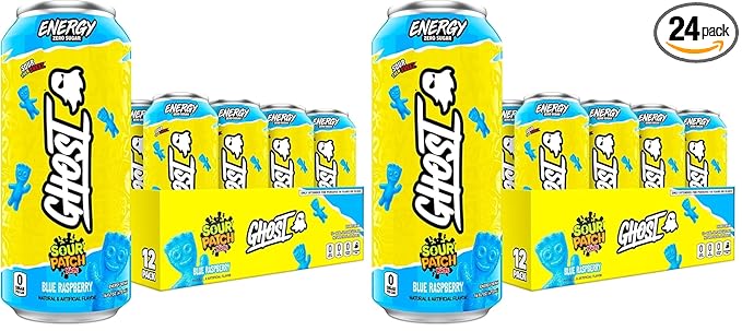 GHOST Energy DrinkSour Patch Kids Blue Raspberry16oz - Energy &amp Focus &amp No Artificial Colors - 200mg Natural CaffeineL-Carnitine-&amp Taurine - Gluten-Free-&amp Vegan(Pack of 24)