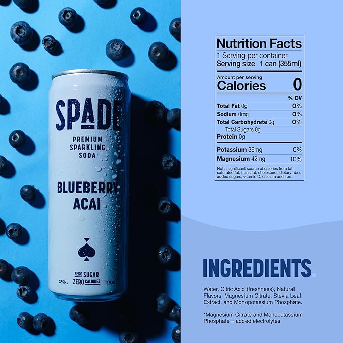 Spade Soda Blueberry Acai 12 Pack Premium All-Natural No Sugar No Calories Electrolytes Magnesium Potassium Healthy Non GMO Sweet Quality Stevia No Artificial Sweeteners Great Taste Bold Ta