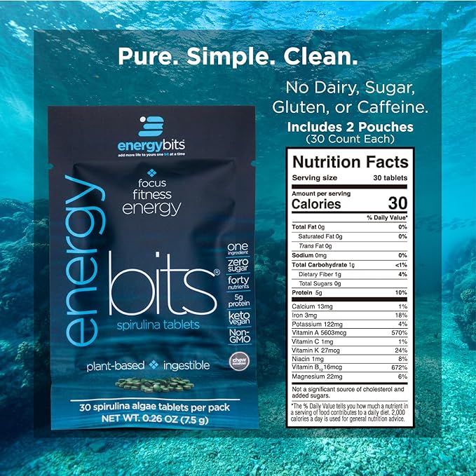 ENERGYbits/RECOVERYbits - Organic Spirulina &amp Chlorella Tablets - Single Serving Sample Packs - Algae Superfood - High Protein Chlorophyll - Self Care - Vegan Keto Gluten Free - 4 Bags 30/Bag