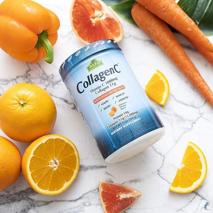 ALFA VITAMINS CollagenC Hydrolysate Peptides Powder Supplement with 1000mg Vitamin C - Premium Quality Source of Nutrients - Skin Hair Nails Immune Boost &amp Joints Support - Orange Flavor -11 O
