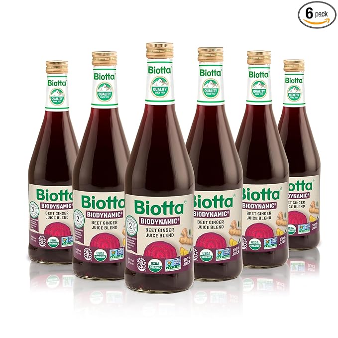 Biotta Organic Beet Ginger Juice - 100% Vegetable Juice for Energy Immunity &amp Wellness - Excellent Source of Nutrients - All Natural Non-GMO Gluten-Free (16.9 Fl Oz Pack of 6)