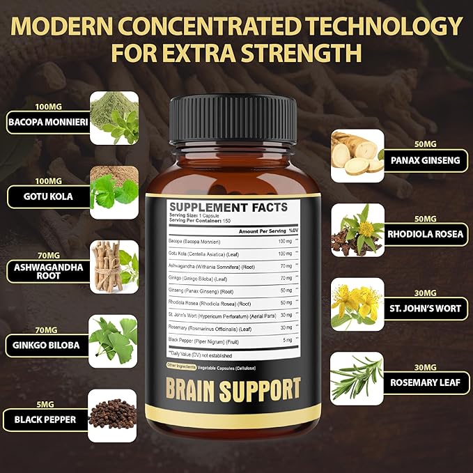 agobi 9in1 Brain Support Supplement - Blended with Ashwagandha Panax Ginseng Gotu Kola Ginkgo Biloba Black Pepper &amp More - Accuracy Focus Memory &amp Energy Booster - 150 Capsules for 5 Mon