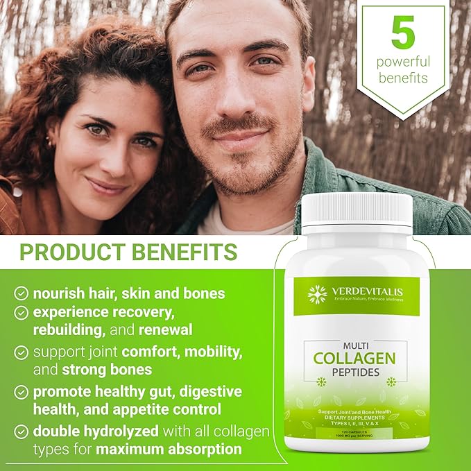 Multi Collagen Peptides Capsules -Non-GMO&ampGluten Free Type I II III V X Hydrolyzed Collagen Supplements with Vitamin C - Supports Healthy Hair Skin Nails &amp Joints - 120 CPS