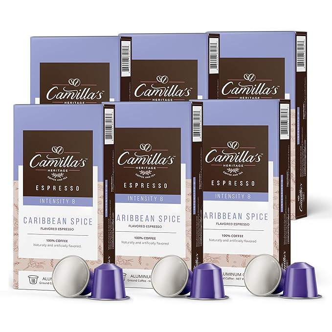 Camilla’s Heritage - Intensity 8 Caribbean Spice Flavored Espresso Coffee Gourmet Espresso Cups 60 Coffee Pods