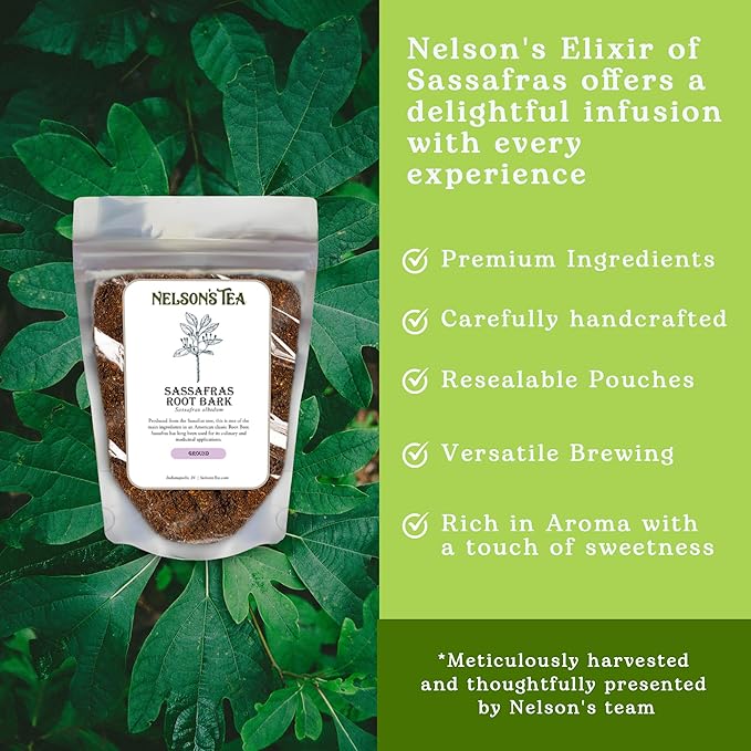 Nelson’s Tea - Sassafras Root Bark Ground - Caffeine Free - Aromatic Sassafras Albidum - Freshly Packed in a Resealable Bag for Lasting Freshness (2oz)