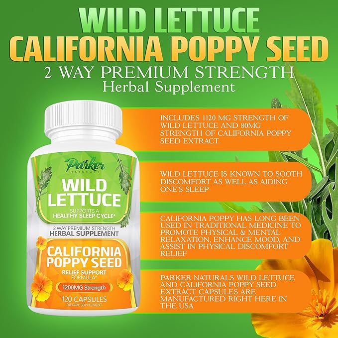 Parker Naturals Wild Lettuce Extract &amp California Poppy Seed Supplement 2 Way Premium Strength Herbal Supplement for Healthy Sleep &amp Relief Support 120 Capsules