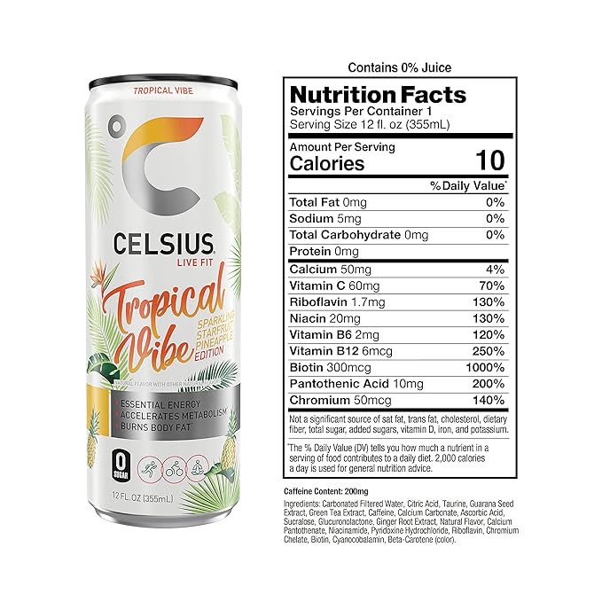 CELSIUS Sparkling Tropical Vibe Functional Essential Energy Drink 12 Fl Oz (Pack of 24)