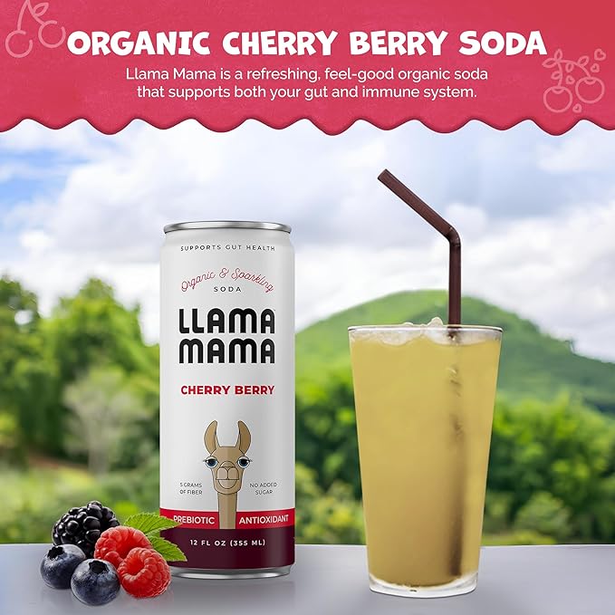 Llama Mama Cherry Berry Organic Sparkling Prebiotic Soda • Gut &amp Immune Support • High Vitamin C Antioxidants • NO Sugar • NO Artificial Sweeteners • NO Stevia • Vegan Plant Fiber • 12 Pack