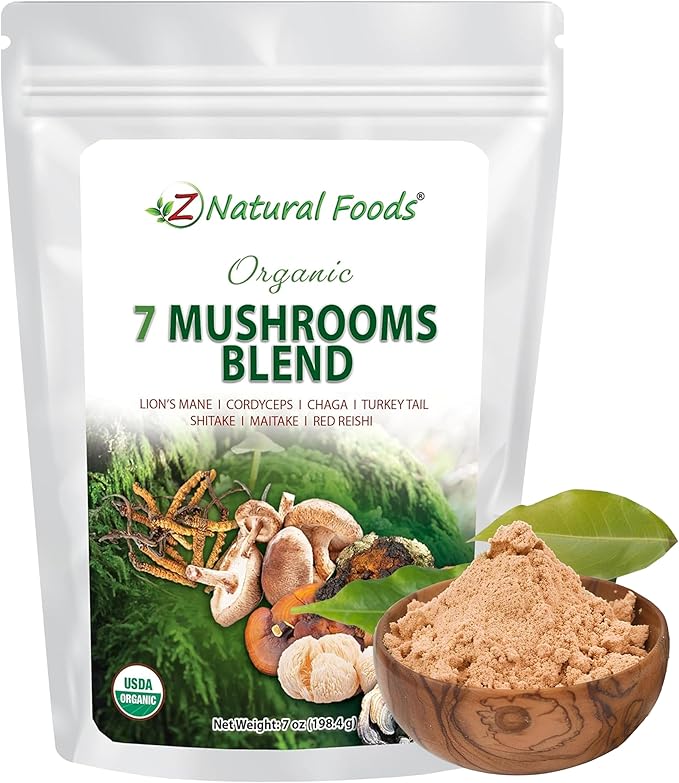Z Natural Foods Organic 7 Sacred Mushrooms Blend - Mushroom Powder - Lion’s Mane Cordyceps Chaga Red Reishi Shiitake Maitake &amp Turkey Tail Extract for Coffee Smoothies 7 oz