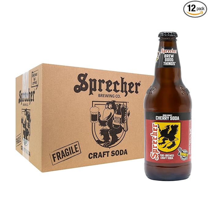 Sprecher Door County Cherry Soda in 16 fl oz Glass Bottles (12 Pack) Fire-Brewed Craft Soda Made with Real Honey and Door County Cherry Juice Caffeine-Free Cherry Soft Drink