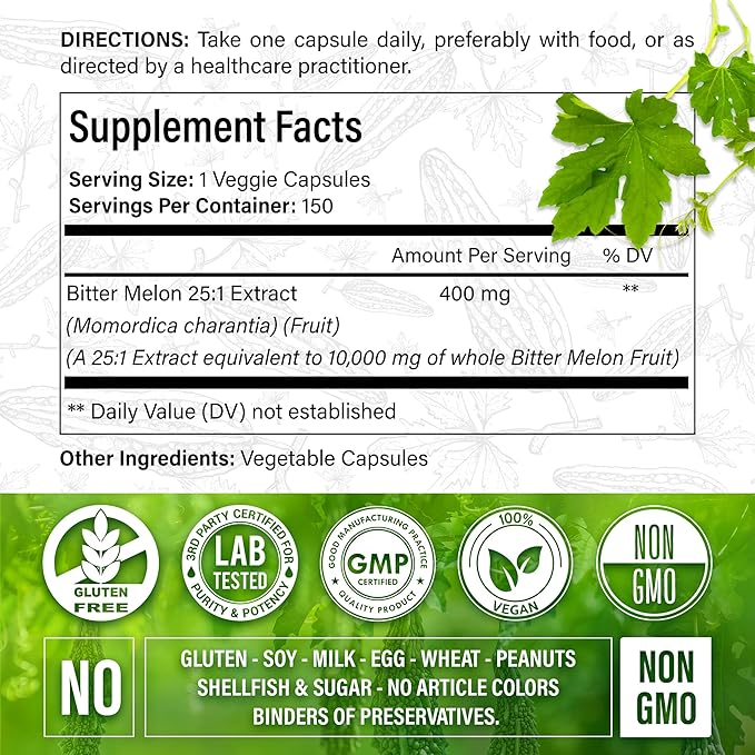 Bitter Melon Capsules| 150 Vegan Capsules| 150 Days Supply| 9000mg per Serving| Bitter Melon Fruit 25:1 Extract| 100% Pure &amp Natural| Gluten-Free Supplement| Ultimate Concentrated