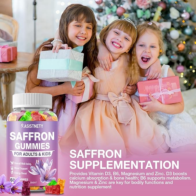 Saffron Gummies for Kids &amp Adults 88.5mg Saffron Extract Cαlm Focus &amp Mood Support Saffron Supplement with L-Theanine St.John's Wort Lemon Balm Vitamin D3 Magnesium Gentle Nerve &amp