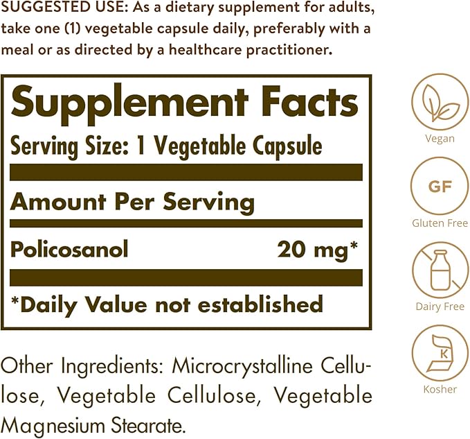 Solgar Policosanol 20 mg 100 Vegetable Capsules - Supports Heart Health - General Wellness - Vegan Gluten Free Dairy Free Kosher - 100 Servings