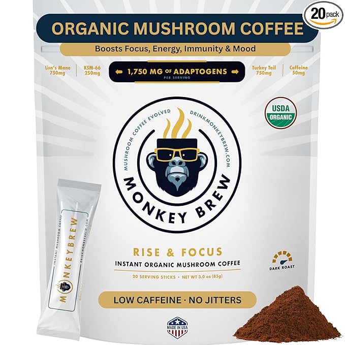 Monkey Brew Rise &amp Focus USDA Organic Mushroom Coffee | Boosts Focus Energy Immunity &amp Mood | 1750mg Adaptogens: Lion’s Mane Turkey Tail KSM-66 Ashwagandha | Low Caffeine Fruiting Body