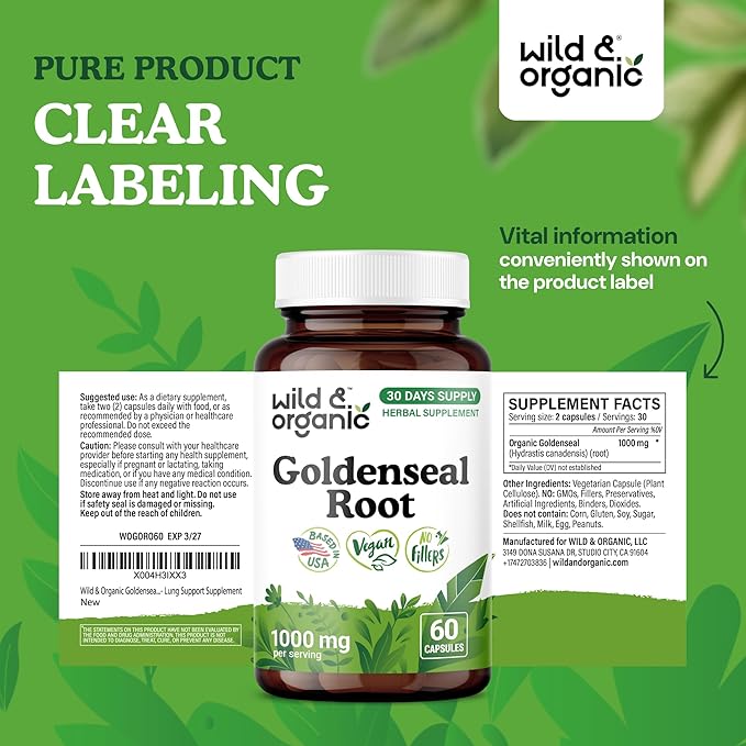 Wild &amp Organic Goldenseal Root Capsules 1000mg - Immune &amp Lung Support - 60 Goldenseal Root Powder Capsules - 30 Days Supply - Vegan No Fillers Non-GMO