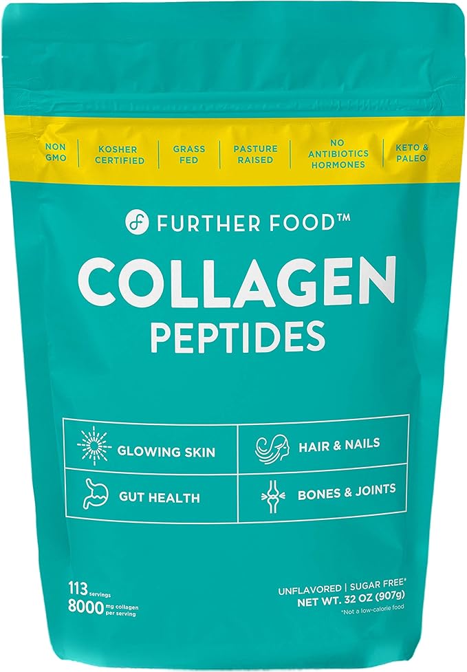 Further Food Unflavored Collagen Peptides Powder - 100% Grass-Fed Hydrolyzed Type 1 &amp 3 20g of Collagen per Serving Supports Skin Hair Nails &amp Joints 32 Oz