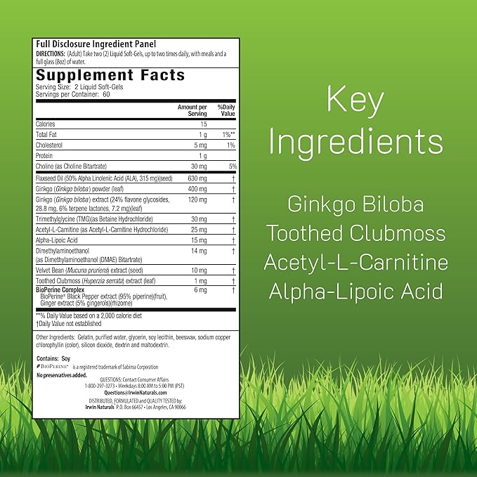 Irwin Naturals Ginkgo Smart - Brain Supplements for Memory and Focus with Ginkgo Biloba Acetyl-L-Carnitine DMAE and BioPerine® for Superior Absorption - 120 Liquid Soft-Gels