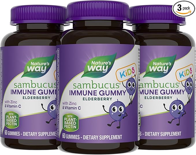 Nature’s Way Sambucus Kids Elderberry Immune Gummies with Black Elderberry Extract Daily Immune Support Gummy with Vitamin C and Zinc for Children Ages 2+* 60 Gummies (Set of 3)