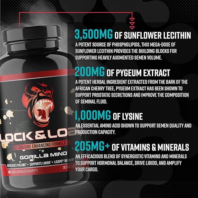 Gorilla Mind Lock &amp Load® - Semen Volume &amp Quality Support | Libido · Erection Quality · Pleasure | Sunflower Lecithin Pygeum L-Lysine | Licaps® Delivery | 180 Capsules