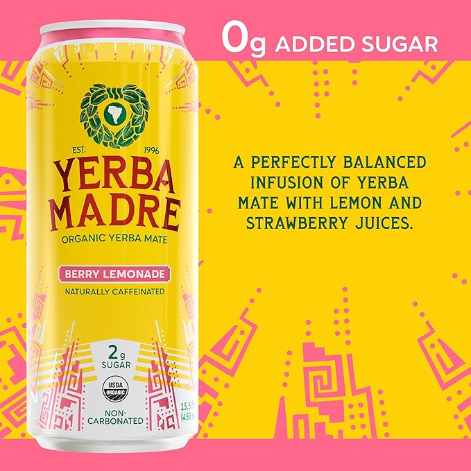 Yerba Madre Organic Yerba Mate Energy Drink Alternative Lower-Sugar Variety Pack 150mg Plant Based Caffeine Smooth Energy &amp Focus No Jitters or Crash 15.5oz Cans (Pack of 12)
