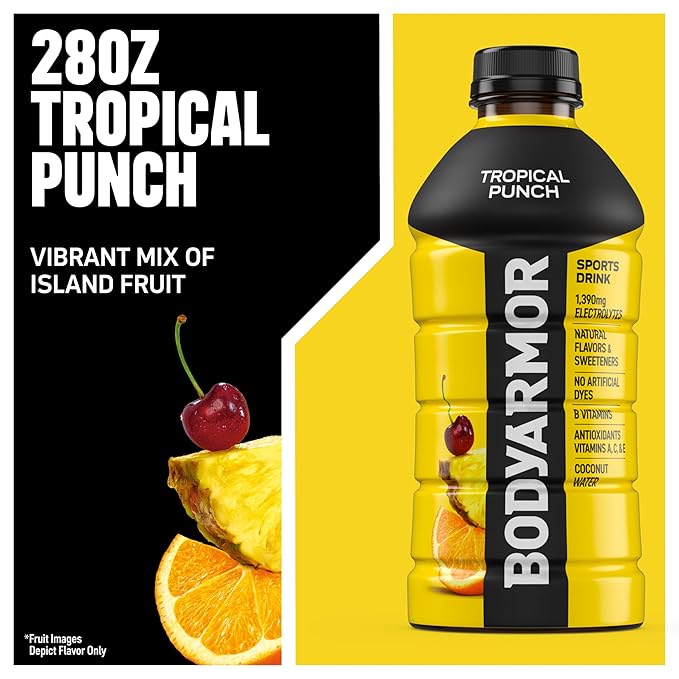 BODYARMOR Sports Drink Tropical Punch Electrolyte Drink Hydration 28 Fl Oz Bottles (15 Pack) Flavored Coconut Water with B Vitamins &amp Antioxidants