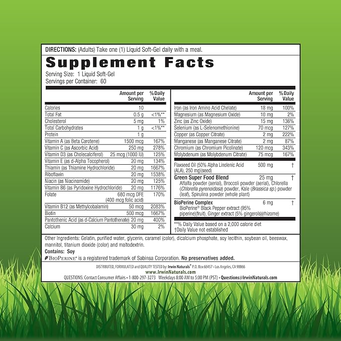 Irwin Naturals Only One Liquid-Gel Multi with Iron - 60 Liquid Softgels - Daily Essential Vitamins Minerals Antioxidants Omega-3s &amp Green Super Foods