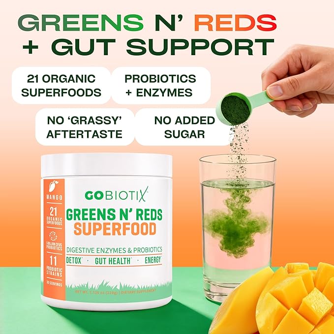 GOBIOTIX Super Greens Powder with Organic Spirulina - Superfood Supplement with Fruit Blend Probiotics and Enzymes for Digestive Health - Vegan Non-GMO - 30 Servings (Mango - 1 Pack)