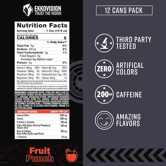 Ekkovision Energy Drink Fruit Punch 200 MG Natural Caffeine With Coconut Water L Theanine Alpha Gpc &amp L Tyrosine For Balanced Energy Electrolytes &amp Smooth Hydration 16 Fl Oz Can 12 Pack