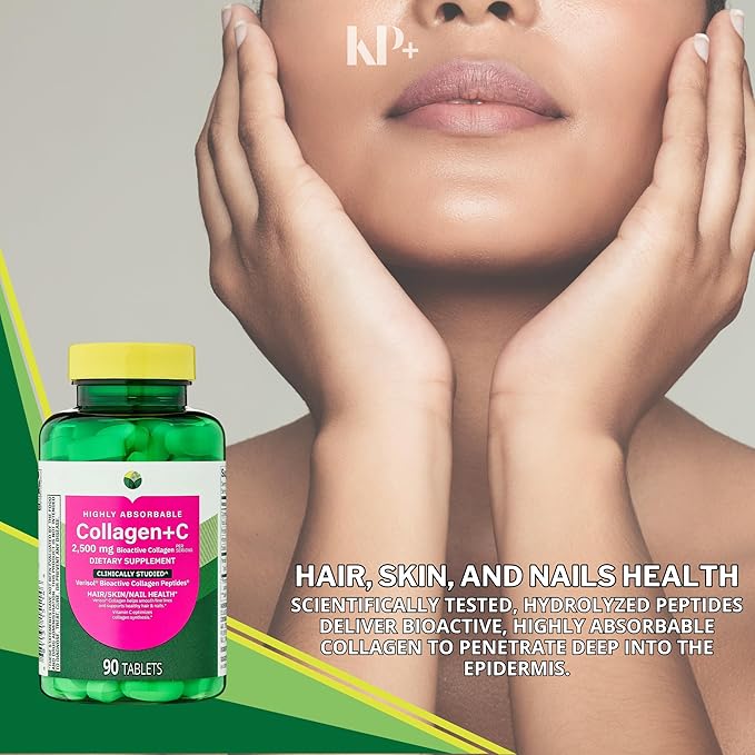 KP+ Collagen | Collagen + C 2500 mg | 90 Tablets | Supports Hair Skin &amp Nail Health | Bioactive Collagen Peptides + Vitamin C Supplement | Pack of 1