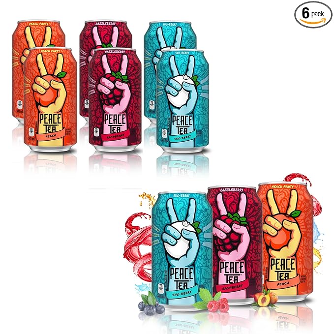 Peace Tea Variety Pack - No Preservatives Made with Real Tea and Natural Fruity Flavor - Pack of 6 (2 Cans of Sno Berry 2 Cans of Peach 2 Cans of Razzleberry) 3 Flavors 341 mL/11.5 fl. oz. - Ship