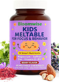 Bloomwise Kids Supplements for Focus &amp Calm 14-in-1 Brain Behavior Mood &amp Attention Support | Magnesium Saffron Zinc Vitamin D &amp B12 | Sugar-Free Vegan Berry Meltables 60 chewable Ta