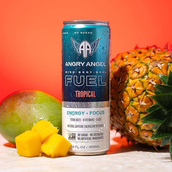 Angry Angel Tropical Natural Energy + Focus Drink (12 count) - Zero Sugar - Natural Caffeine from Yerba Mate - CoQ10 - B Vitamins - 12 oz Cans