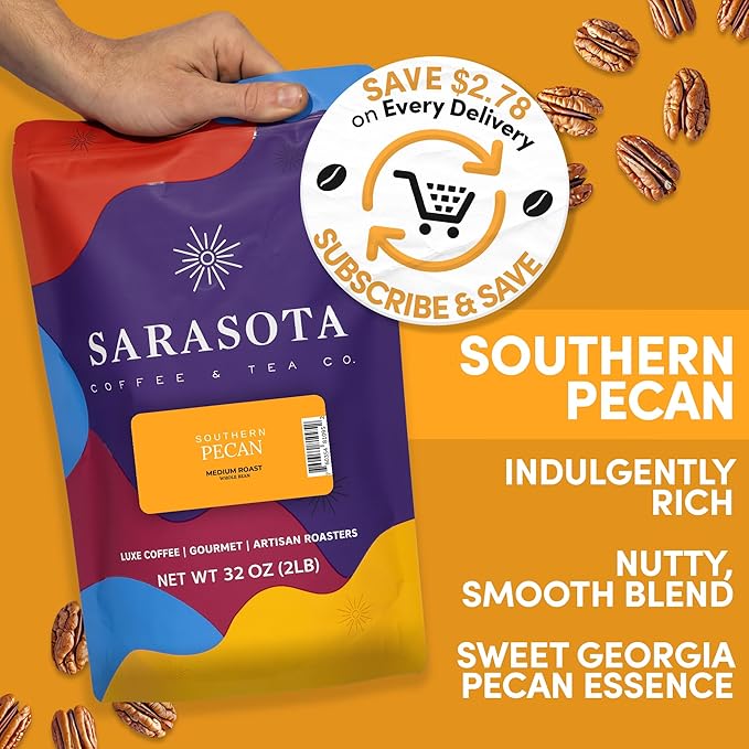 2 lb Southern Pecan Whole Bean Coffee | Pecan Flavored Coffee Beans | Bulk Medium Roast Nutty | Specialty Grade | 32 oz