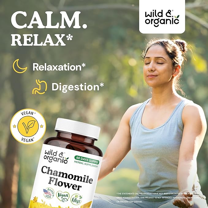Wild &amp Organic Chamomile Extract Capsules 800 mg - Relaxation &amp Digestive Support - Chamomile Flower Extract Supplement - Matricaria Recutita Herb - Vegan No Fillers Non-GMO - 120 Count