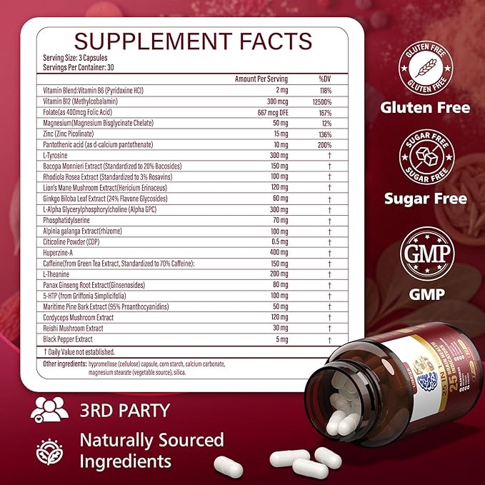Brain Supplement for Mental Alertness Memory Focus &amp Energy Alpha GPC Huperzine-A L-Tyrosine Phosphatidylserine Vitamins B6 B12 High Absorption 90 Capsules