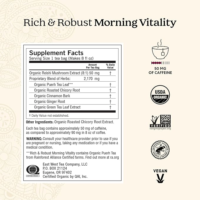 Yogi Tea Rich &amp Robust Morning Vitality Tea - 16 Bags per Pack (4 Packs) - Organic Adaptogen Tea Perfect for the Morning - Includes Puerh Tea Leaf Roasted Chicory Root Cinnamon Bark &amp More