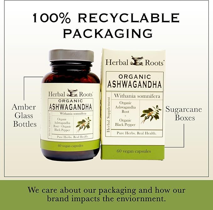 Herbal Roots Ashwagandha Capsules | Extra Strength 1000mg per Serving | Ayurvedic for Overall Health for Men and Women | 60 Vegan Capsules