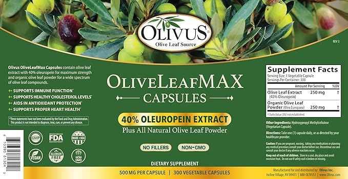 OliveLeafMAX Olive Leaf Extract (40% Oleuroepin) + Organic Olive Leaf Powder + No Fillers + 300 Vegetarian Capsules + Sourced from Spain and Manufactured in USA at GMP Facility