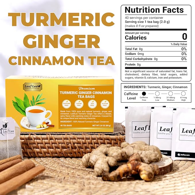 LeafLea Turmeric Ginger Cinnamon Tea 120 Individually Wrapped Tea Bags 100% Natural Herbal Blend with Pure Ginger and Turmeric Supports Digestion &amp Immune Health Caffeine-Free No Sugar