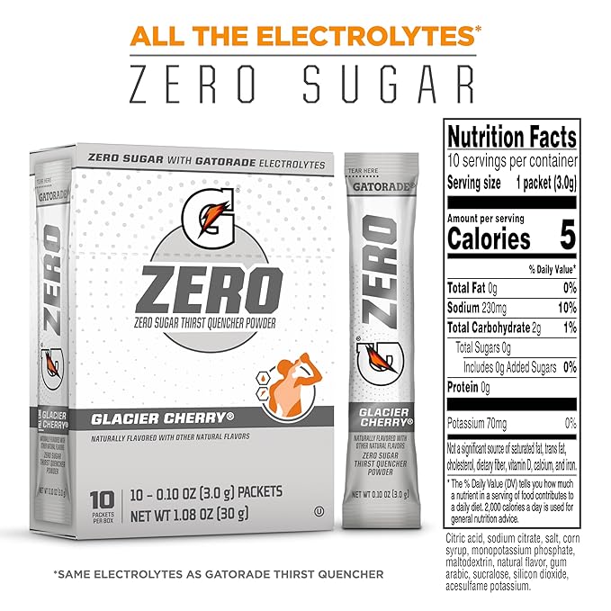 Gatorade G Zero Sports Drink Mix Powder PacketsGlacier CherryElectrolyte Powder Drink Mix for HydrationZero Sugar(Pack of 240)
