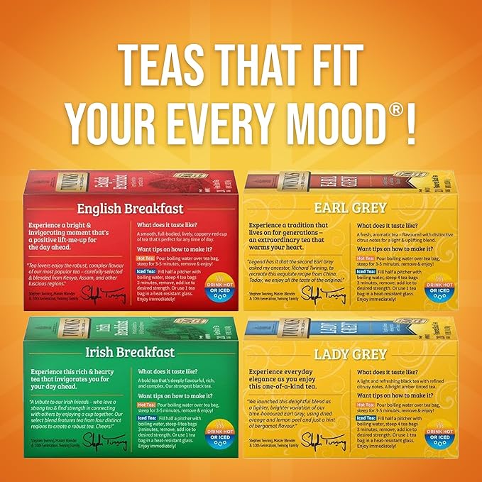 Twinings Variety Pack Black Tea Bags 20 Count (Pack of 4) Includes English Breakfast Earl Grey Irish Breakfast and Lady Grey Caffeinated Enjoy Hot or Iced 80 Teabags