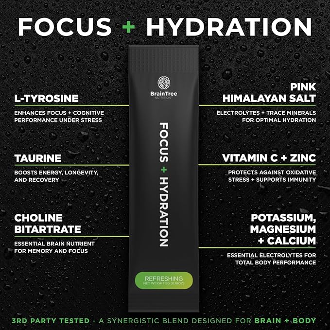 BrainTree Nutrition - Focus + Hydration - Electrolyte Drink Mix - Total Body Hydration - Supports Cognitive Function Energy &amp Muscle Recovery - Sugar Free - Refreshing - 30 Stick Packs