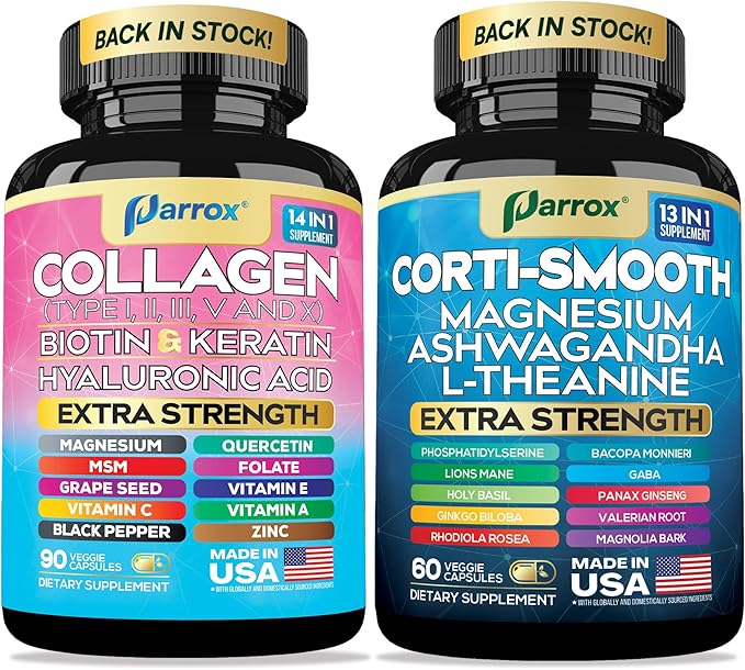 Shining Serenity Set Cortisol Support with Ashwagandha L-Theanine Magnesium Lions Mane GABA Bacopa Monnieri Collagen I II III V X Folate Biotin Keratin Hyaluronic Acid Quercetin