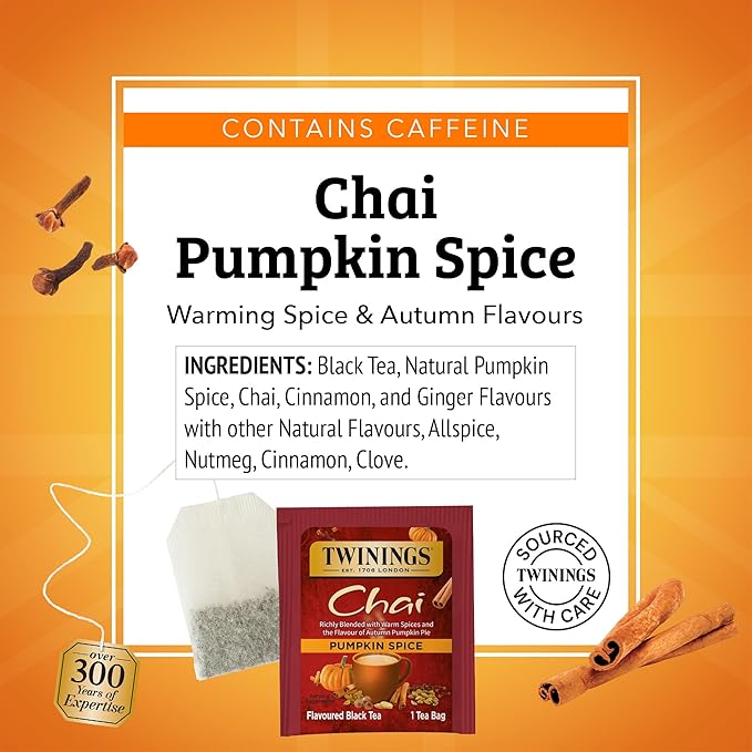 Twinings Pumpkin Spice Chai Black Tea Individually Wrapped Bags 20 Count (Pack of 6) Warm Spicy &amp Aromatic Caffeinated Enjoy Hot or Iced 120 Teabags