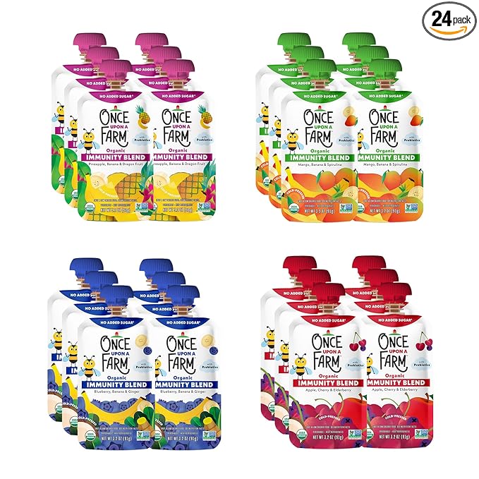 Once Upon a Farm | Immunity Blend | Apple Cherry &amp Elderberry Mango Banana &amp Spirulina Pineapple Banana &amp Dragon Fruit Pineapple | No Added Sugar | Variety Pack of 24